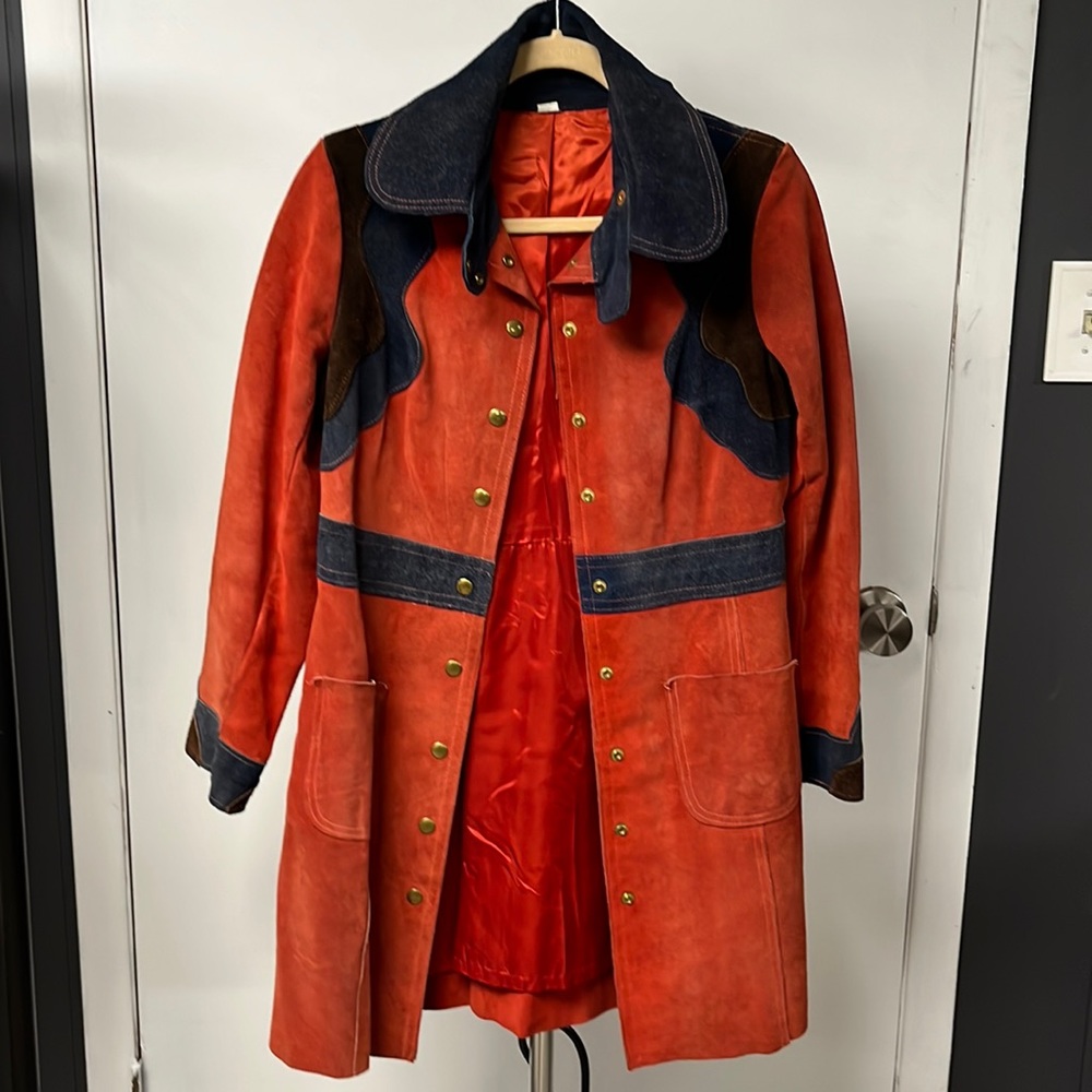 VINTAGE SUEDE jacket. 1970’s. Red with navy and brown details. My favorite piece